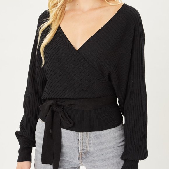 Love Tree Sweaters - Black Warp Knit Belted Sweater